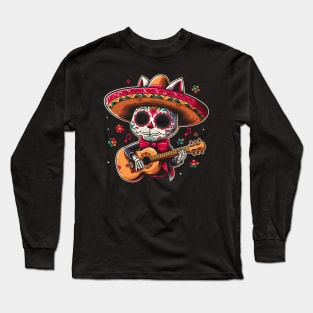 Guitar-Playing Day of the Dead Cat Long Sleeve T-Shirt